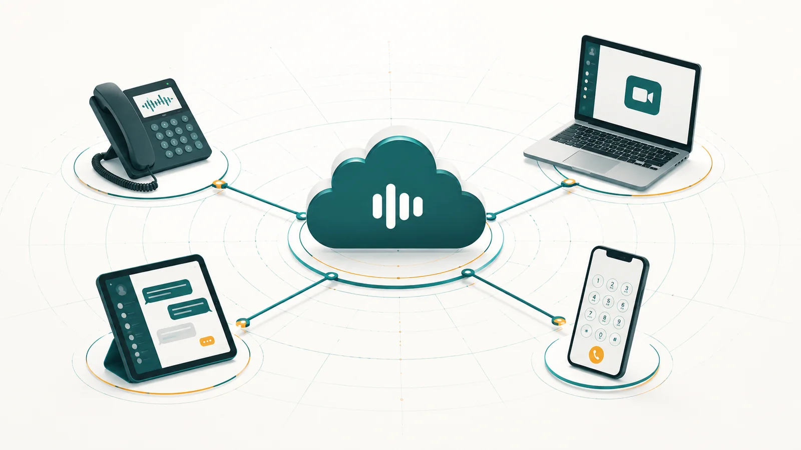 Central cloud hub connected to desk phone, laptop with video icon, chat tablet, and smartphone dial pad via hub-and-spoke lines