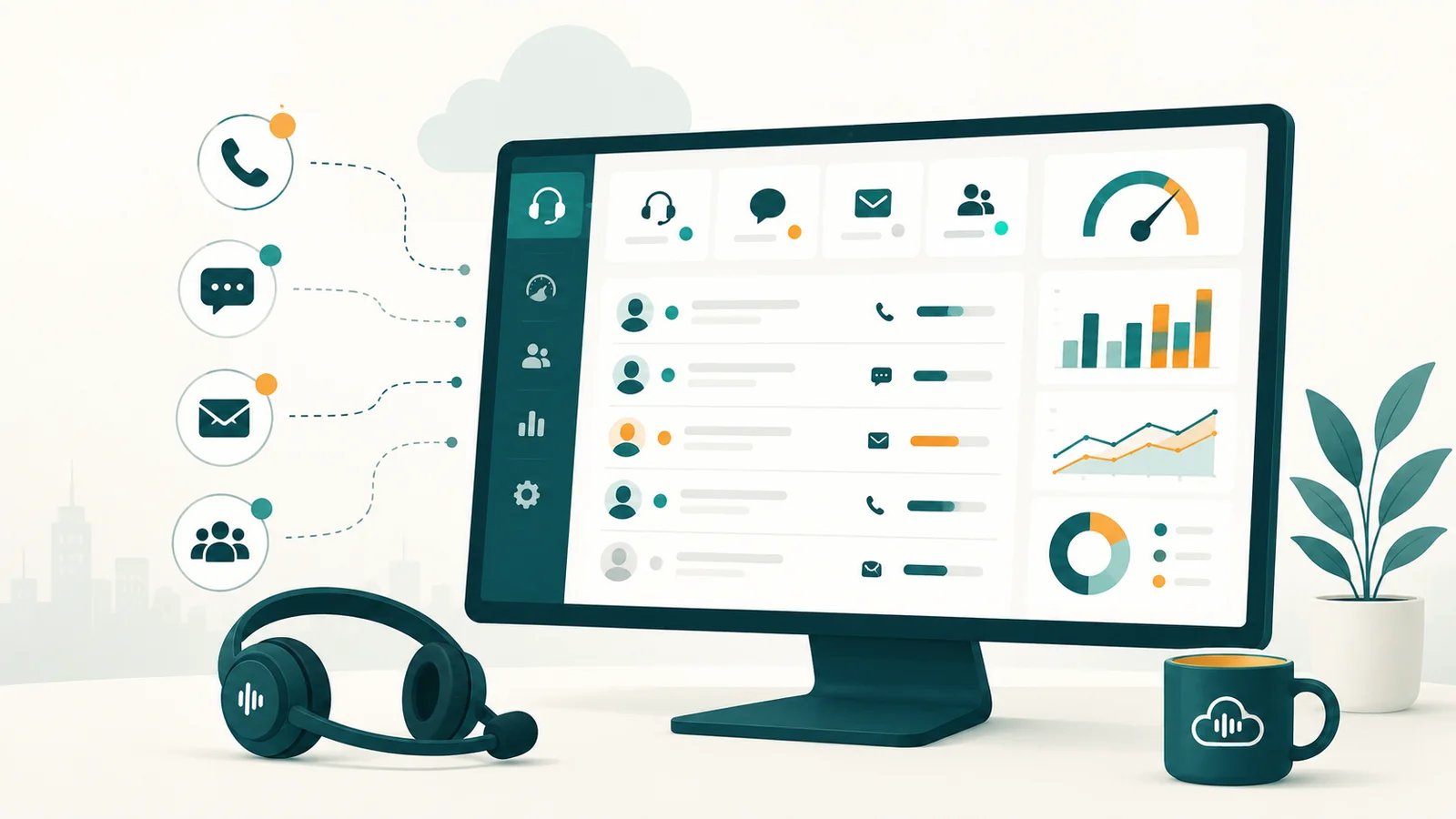 Cloud-connected contact center dashboard on a monitor; phone, chat, email, and team icons feed in via dashed lines; agent queue and analytics charts on screen; headset in foreground
