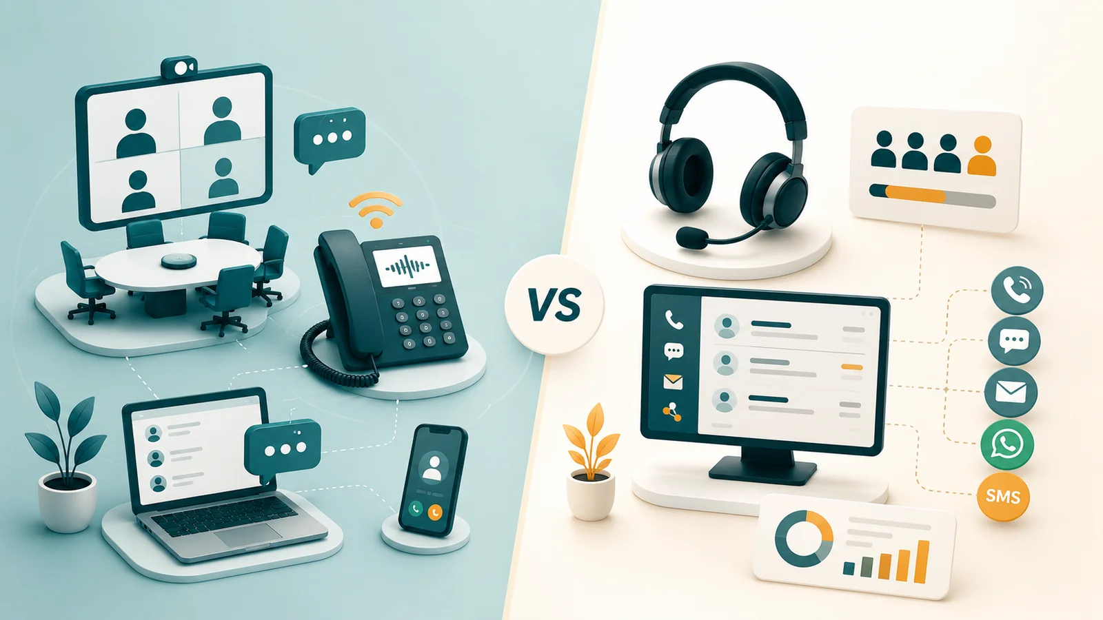 Split panel: left shows video conferencing, desk phone, laptop, and smartphone; right shows headset, agent queue screen, analytics, and channel icons (SMS, WhatsApp, email); VS badge in center