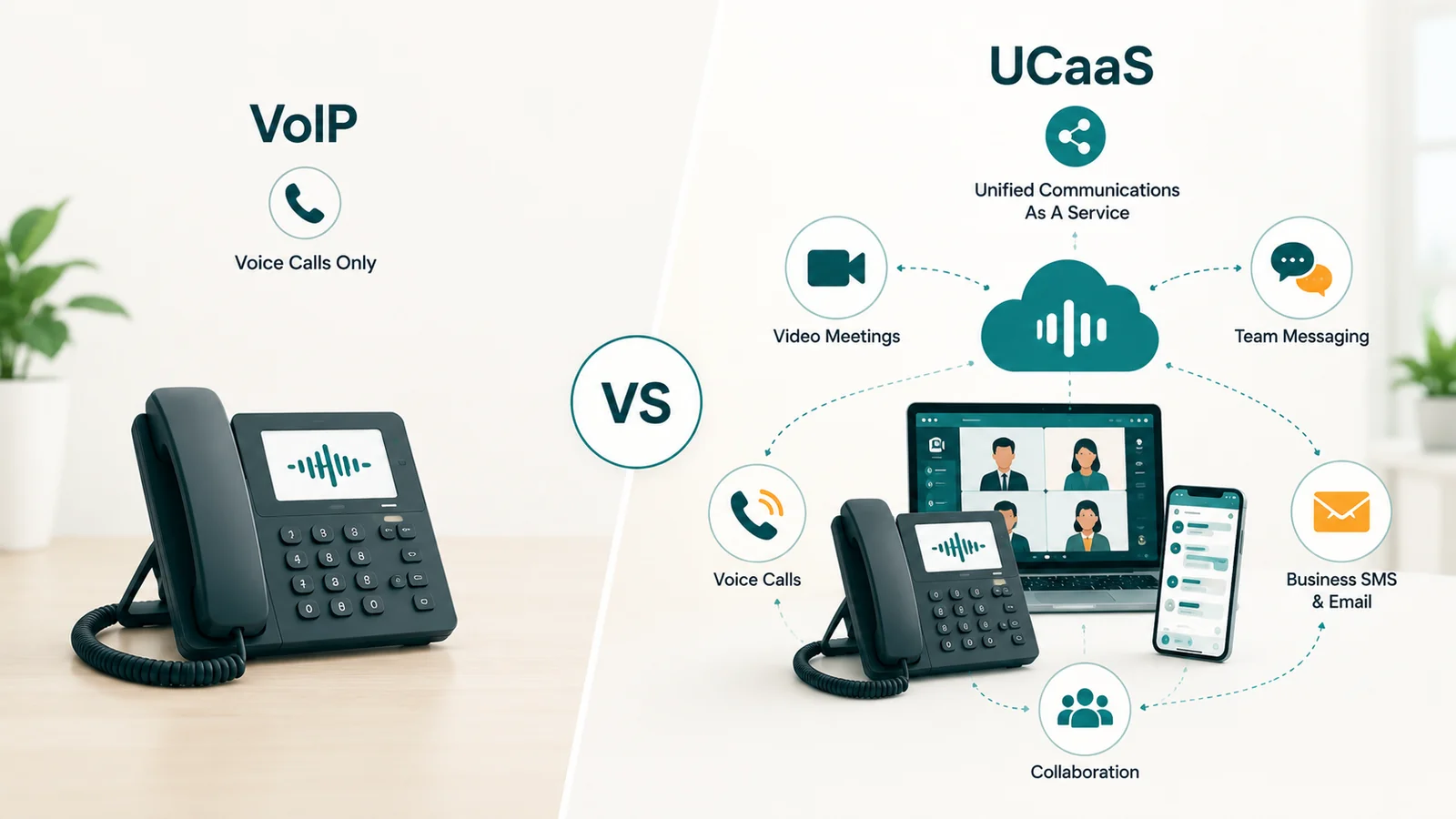 Split comparison: VoIP desk phone labeled Voice Calls Only vs UCaaS cloud hub linking Video Meetings, Team Messaging, Voice Calls, Business SMS and Email, and Collaboration.