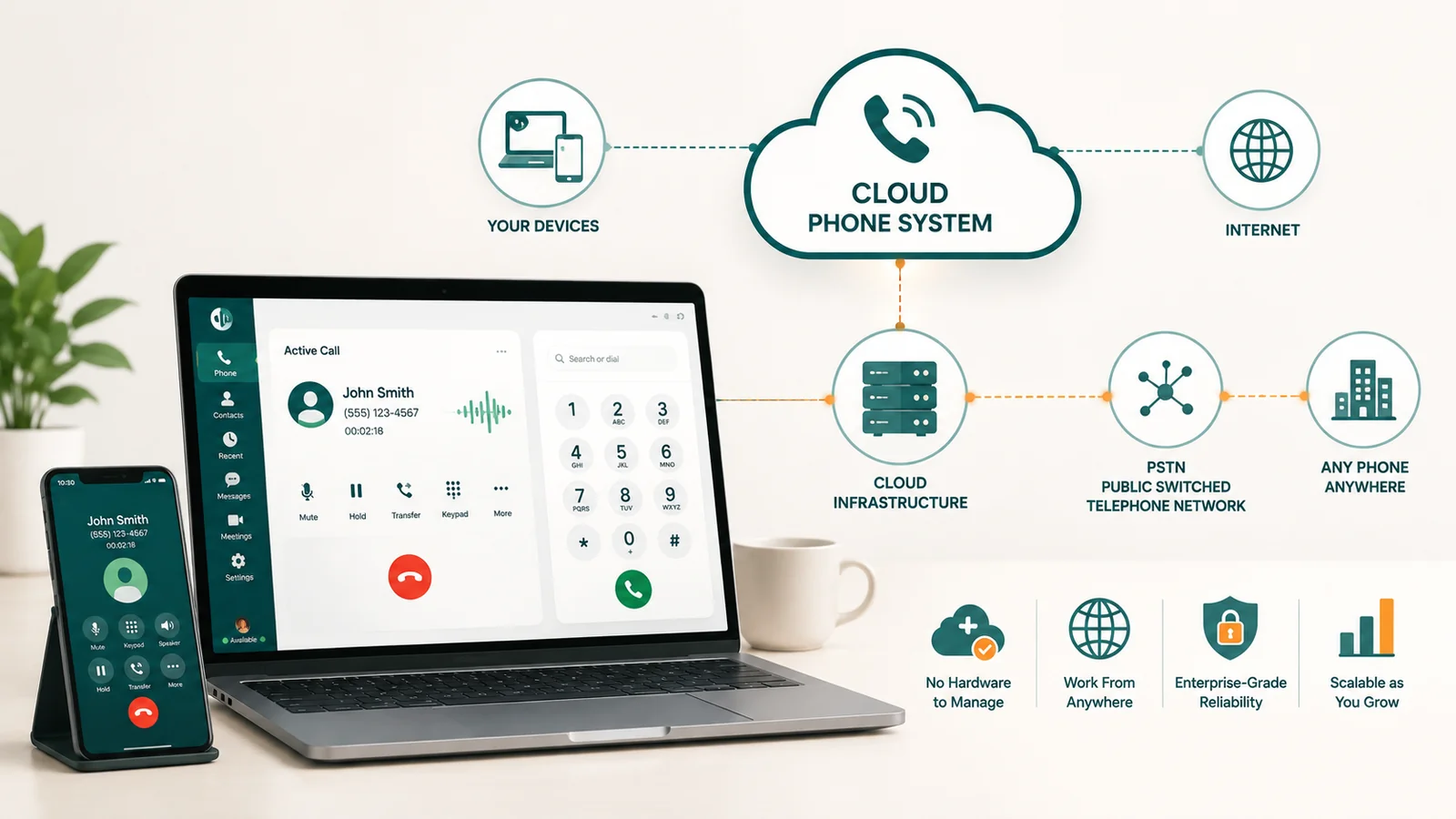 Laptop and phone showing active call UI beside a flow diagram: Your Devices to Cloud Phone System to Internet and Cloud Infrastructure to PSTN to Any Phone