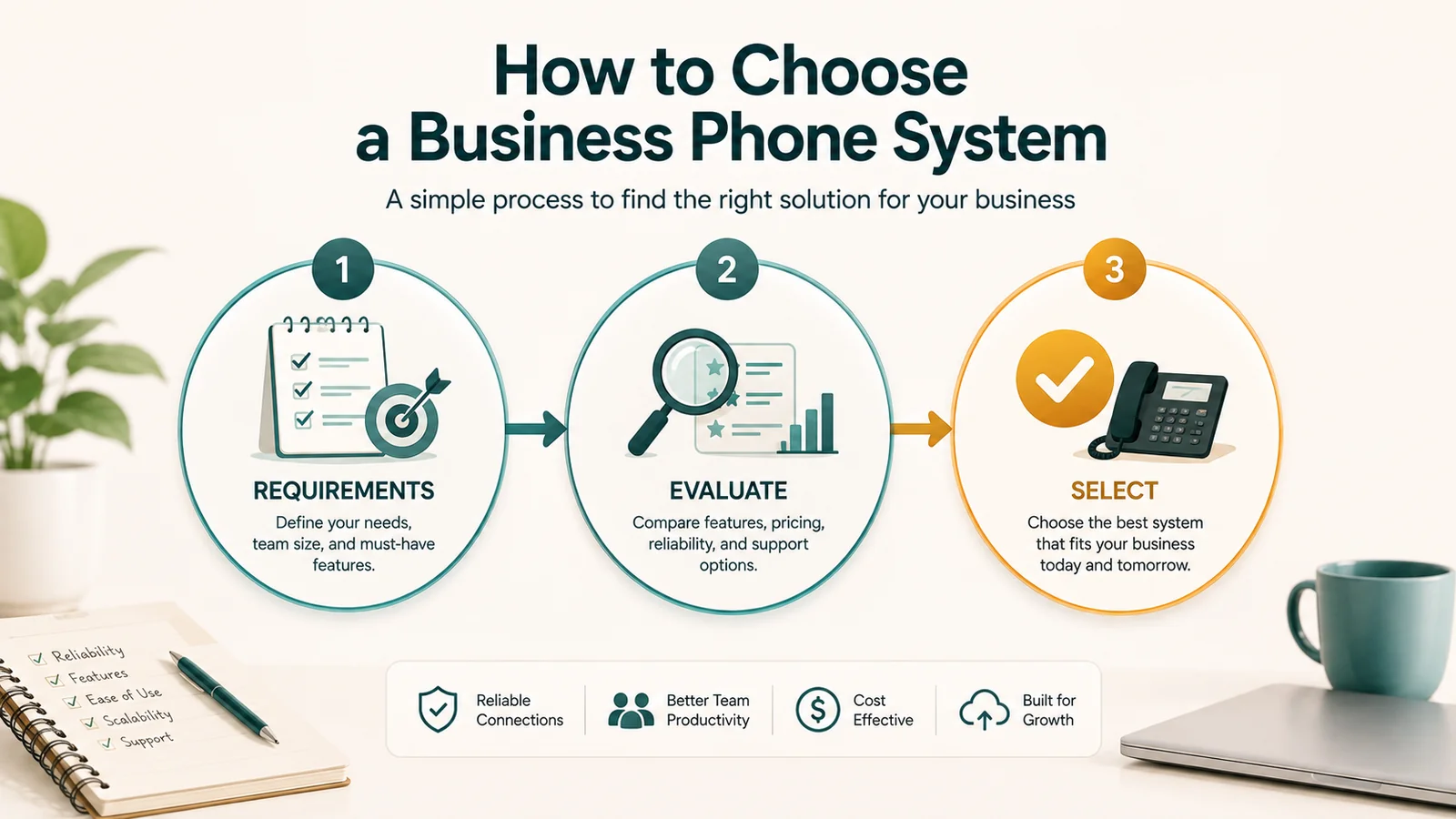 3-step left-to-right flow: 1 Requirements, 2 Evaluate, 3 Select, with icons for checklist, magnifier, and desk phone.