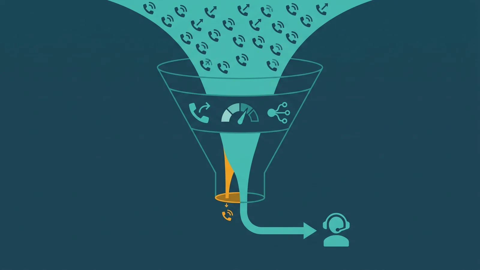 Queue funnel showing incoming calls, wait reduction controls, and the remaining abandoned-call segment being minimized
