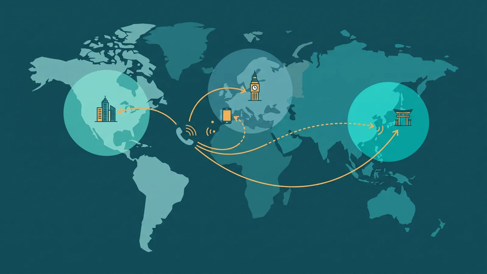 World map with incoming calls routing to regional agent teams based on caller location