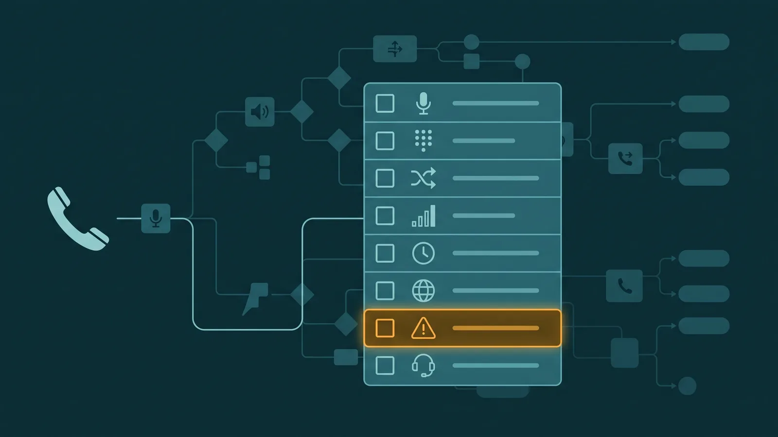 QA checklist overlaid on a branching IVR call flow diagram with checkmarks on completed test paths