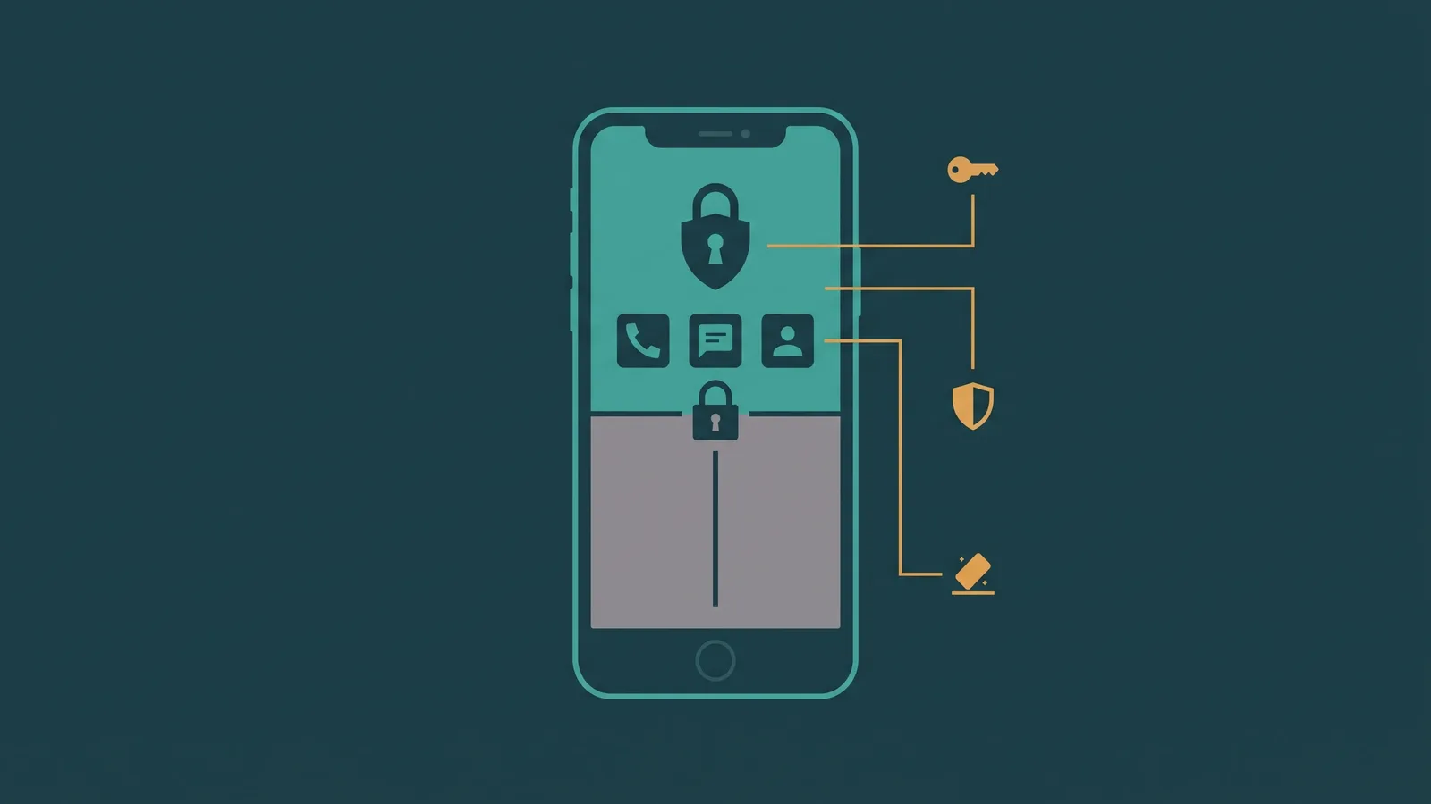 Smartphone split into teal work and grey personal halves, each with a padlock, connected by lines to gold key, shield, and badge icons