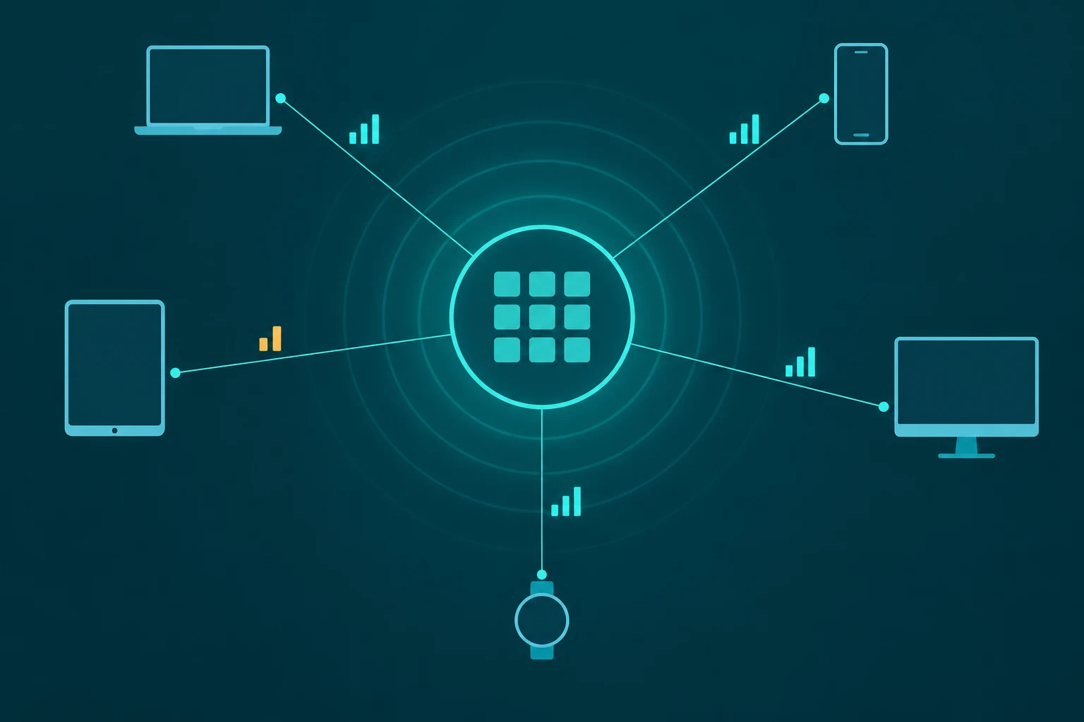 Distributed devices connecting via signal lines to a central cloud meeting hub with connectivity indicators