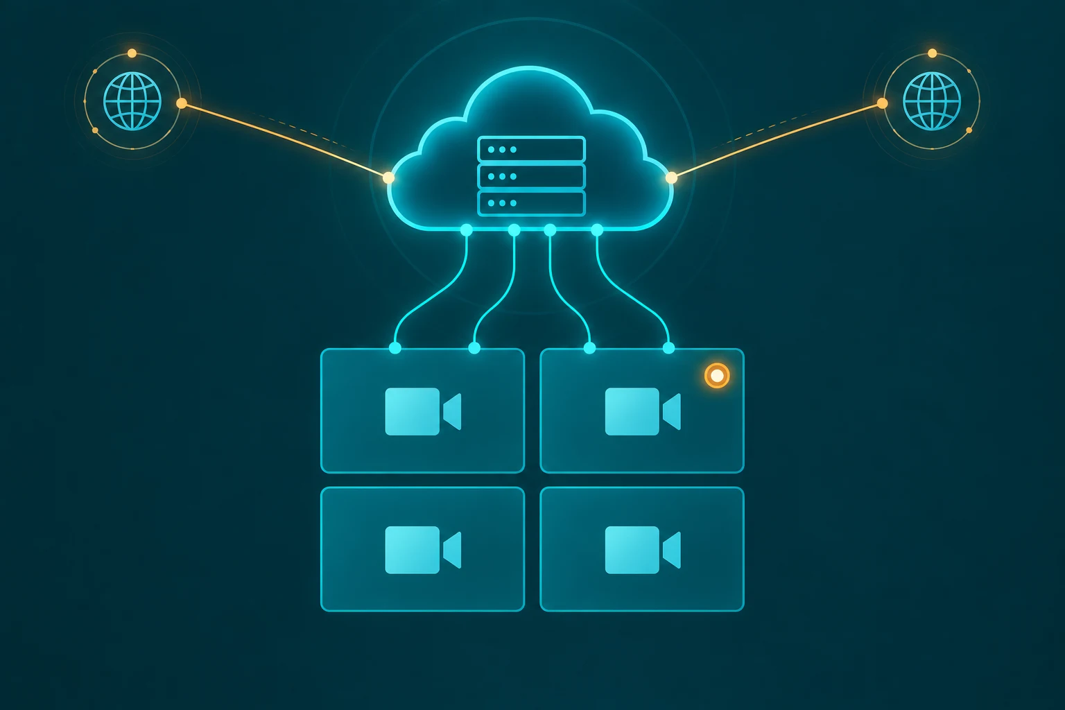 Four-tile video conference grid connected by lines to a cloud infrastructure icon with teal accent highlights