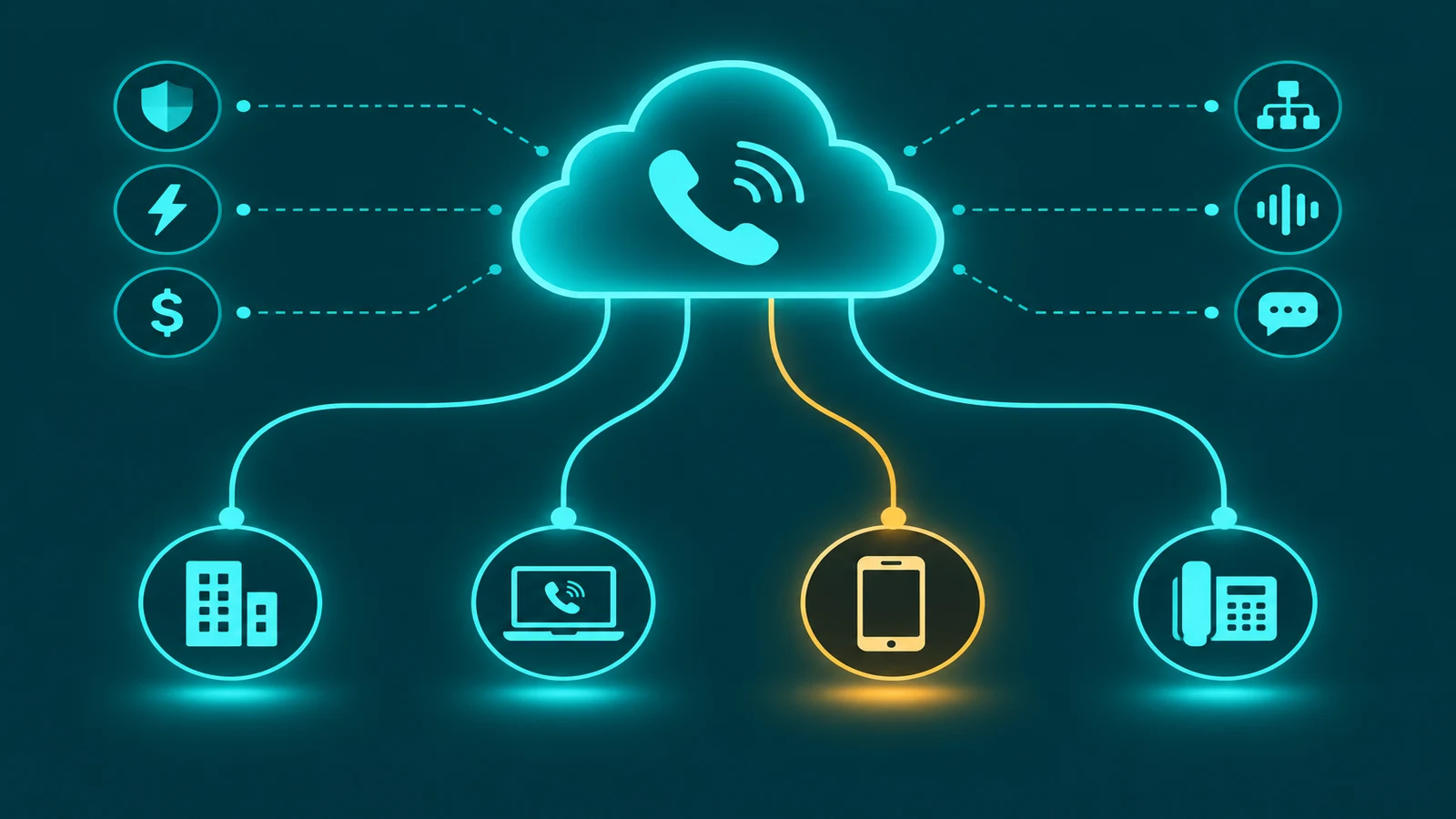 Abstract business phone service diagram showing cloud PBX hub connecting office, mobile, and remote worker nodes over teal and amber lines