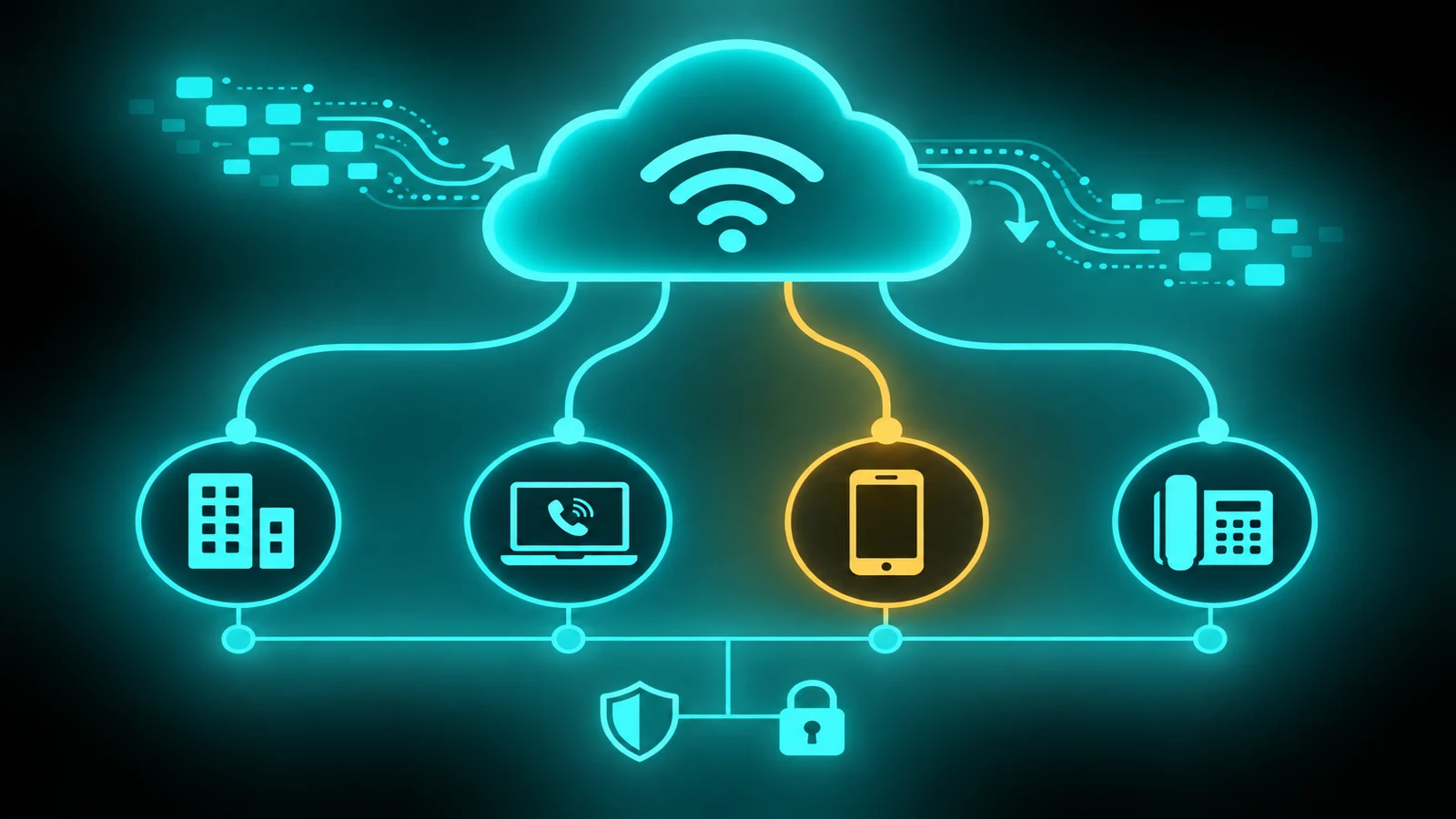 Abstract VoIP phone service diagram showing internet-routed voice packets connecting cloud PBX to office, mobile, and remote endpoints on a dark teal background