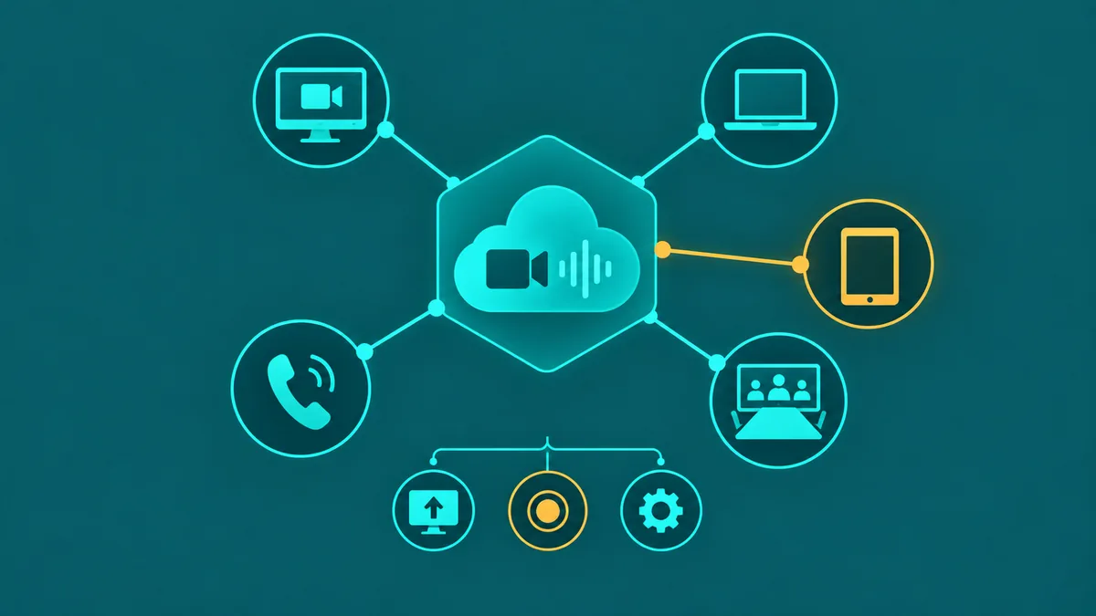 Abstract video conferencing diagram showing distributed remote worker nodes connected to a central cloud meeting hub over teal lines on a dark teal background