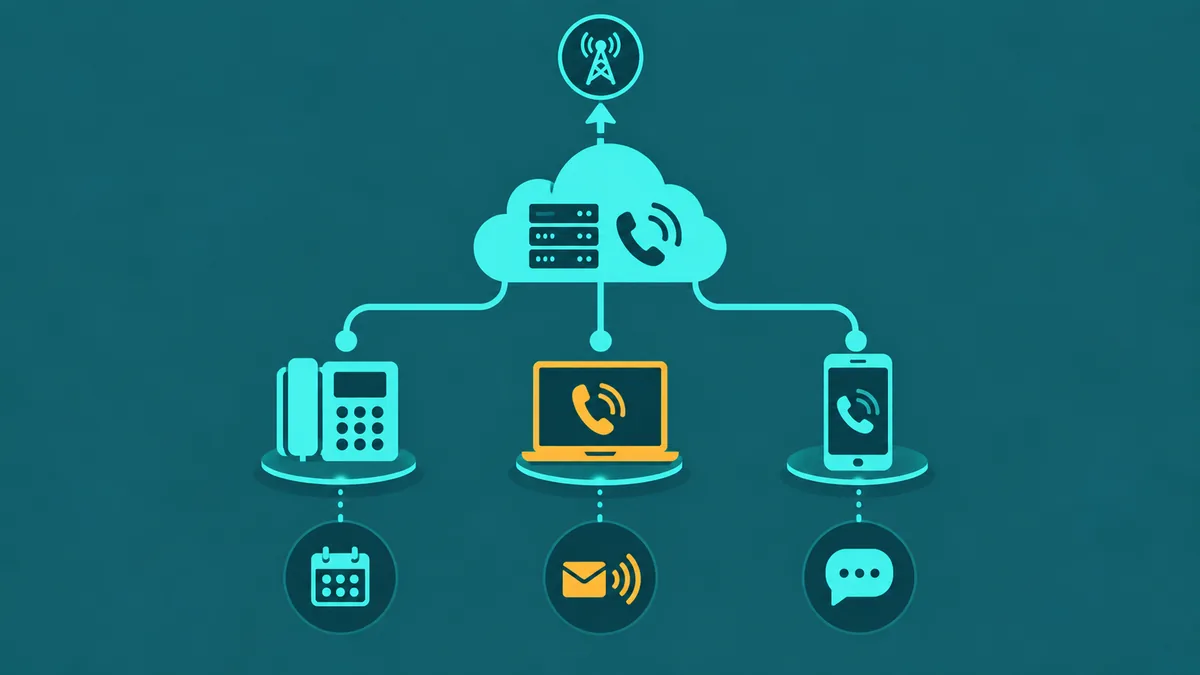 Abstract small business VoIP phone system diagram showing cloud PBX hub connecting office desk phone, laptop softphone, and mobile endpoints over teal lines on a dark teal background