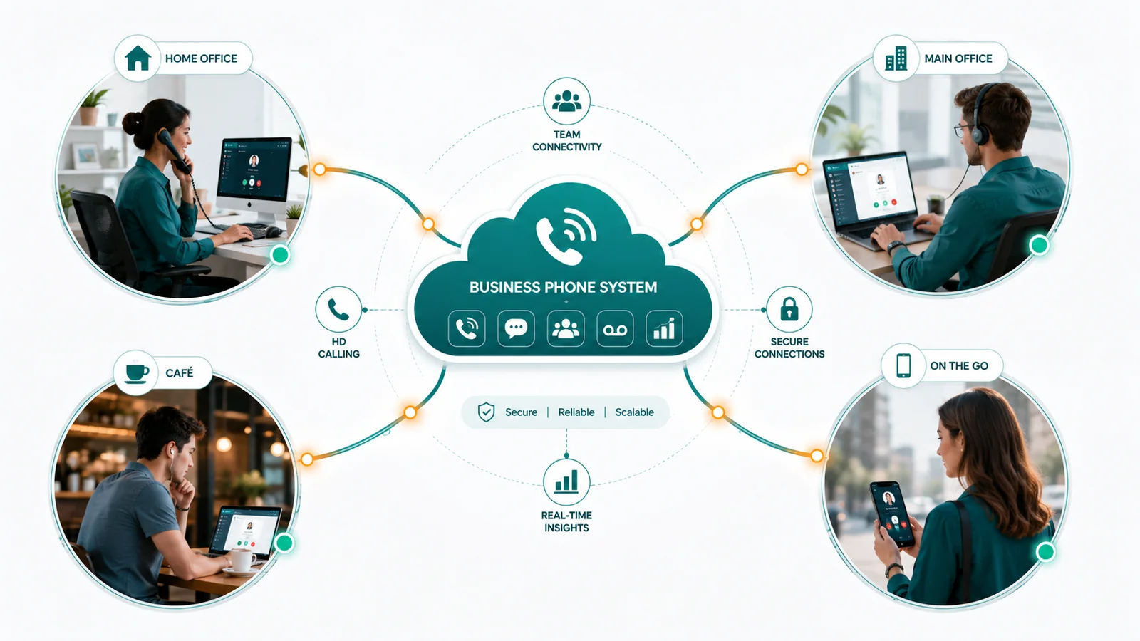 Hub-and-spoke diagram: central cloud Business Phone System connects Home Office, Main Office, Cafe, and On the Go nodes via lines labeled HD Calling, Secure Connections, Team Connectivity, Real-Time Insights.