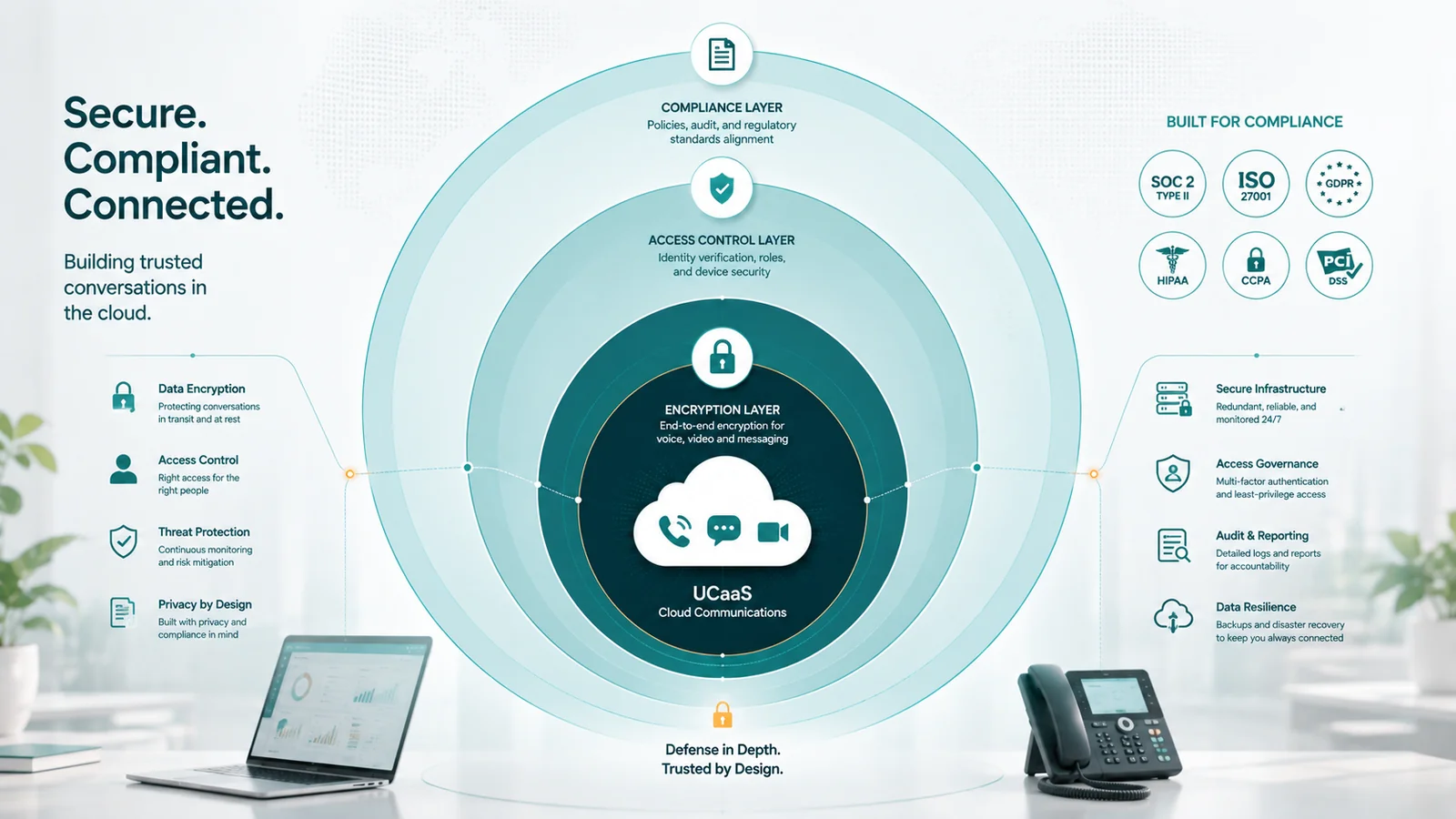 Concentric-circle diagram showing UCaaS Cloud Communications at center, surrounded by Encryption, Access Control, and Compliance layers, with SOC 2, HIPAA, GDPR badges