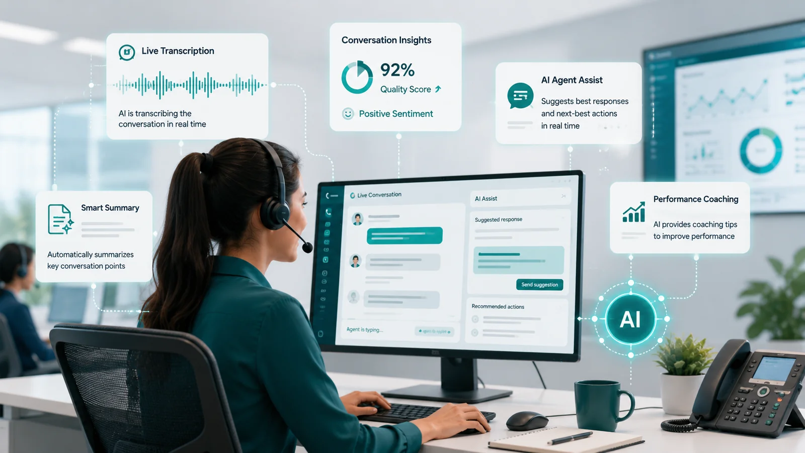 Contact center agent at desk with headset, surrounded by UI callouts: Live Transcription, Conversation Insights, AI Agent Assist, Smart Summary, Performance Coaching