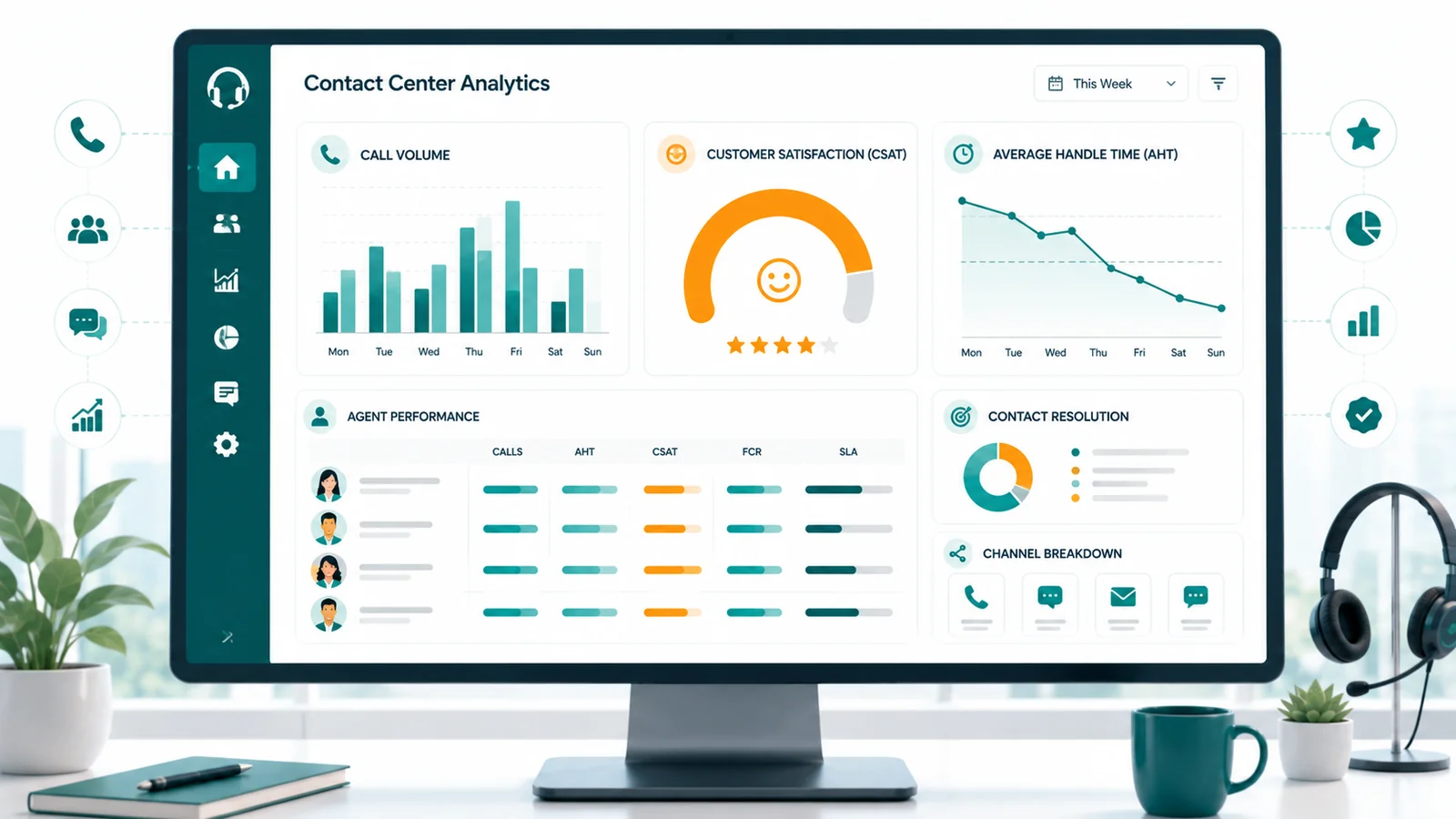 Monitor showing a Contact Center Analytics dashboard with Call Volume bar chart, CSAT gauge, AHT line chart, Agent Performance table, and Channel Breakdown