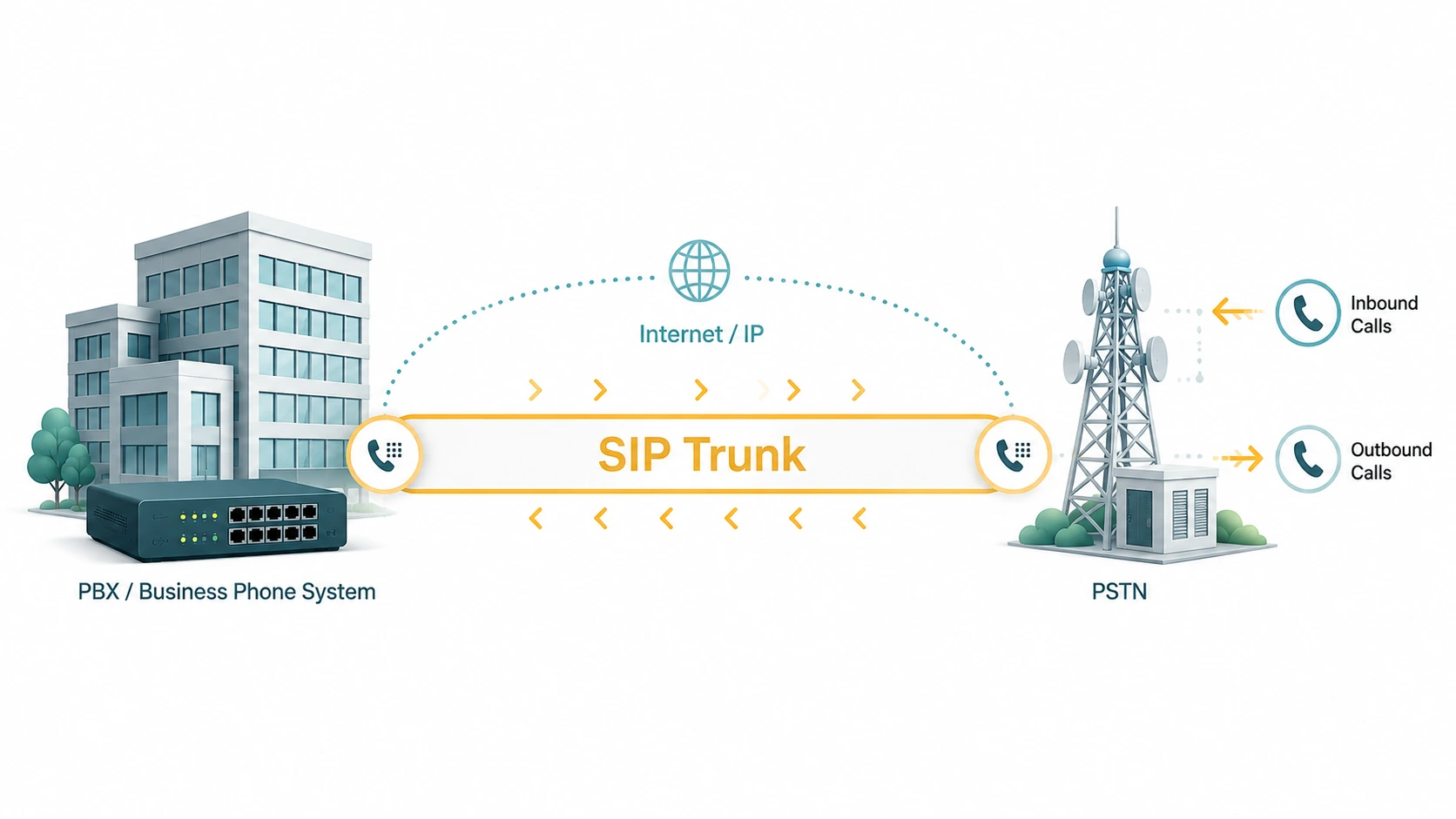 Flow diagram: PBX/Business Phone System connects via SIP Trunk over Internet/IP to PSTN tower, with Inbound and Outbound Calls labeled