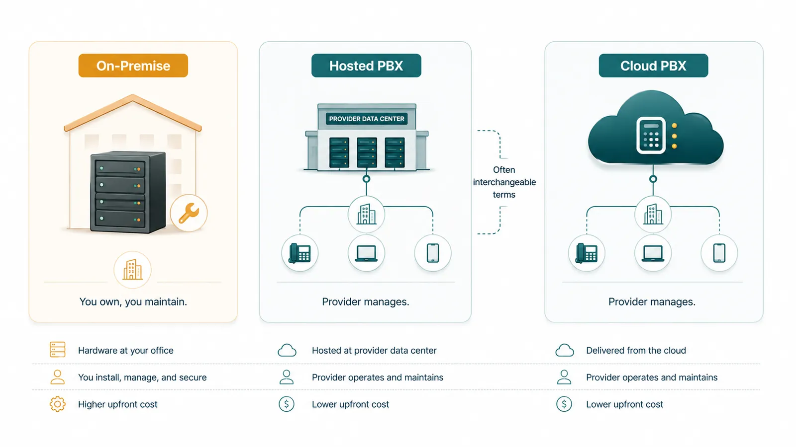 Three-column comparison: On-Premise (you own, maintain), Hosted PBX (provider manages via data center), Cloud PBX (provider manages via cloud), with cost and management notes.