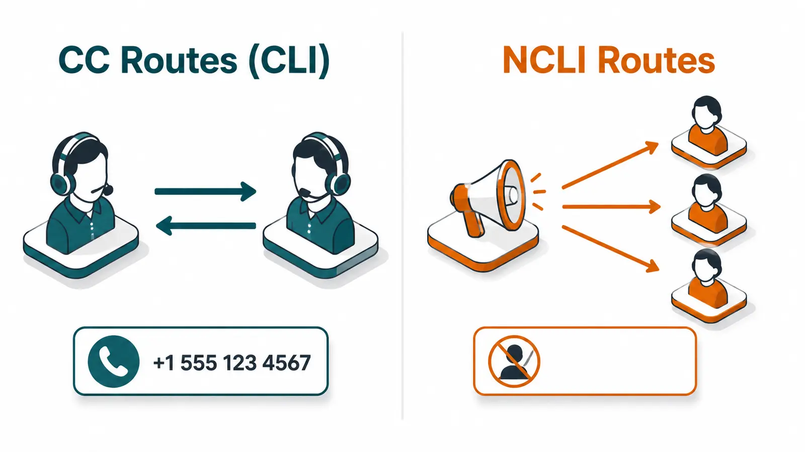 Split diagram: CLI-based CC routes carrying live two-way call center traffic with preserved caller ID versus NCLI routes carrying one-way bulk traffic with stripped caller ID