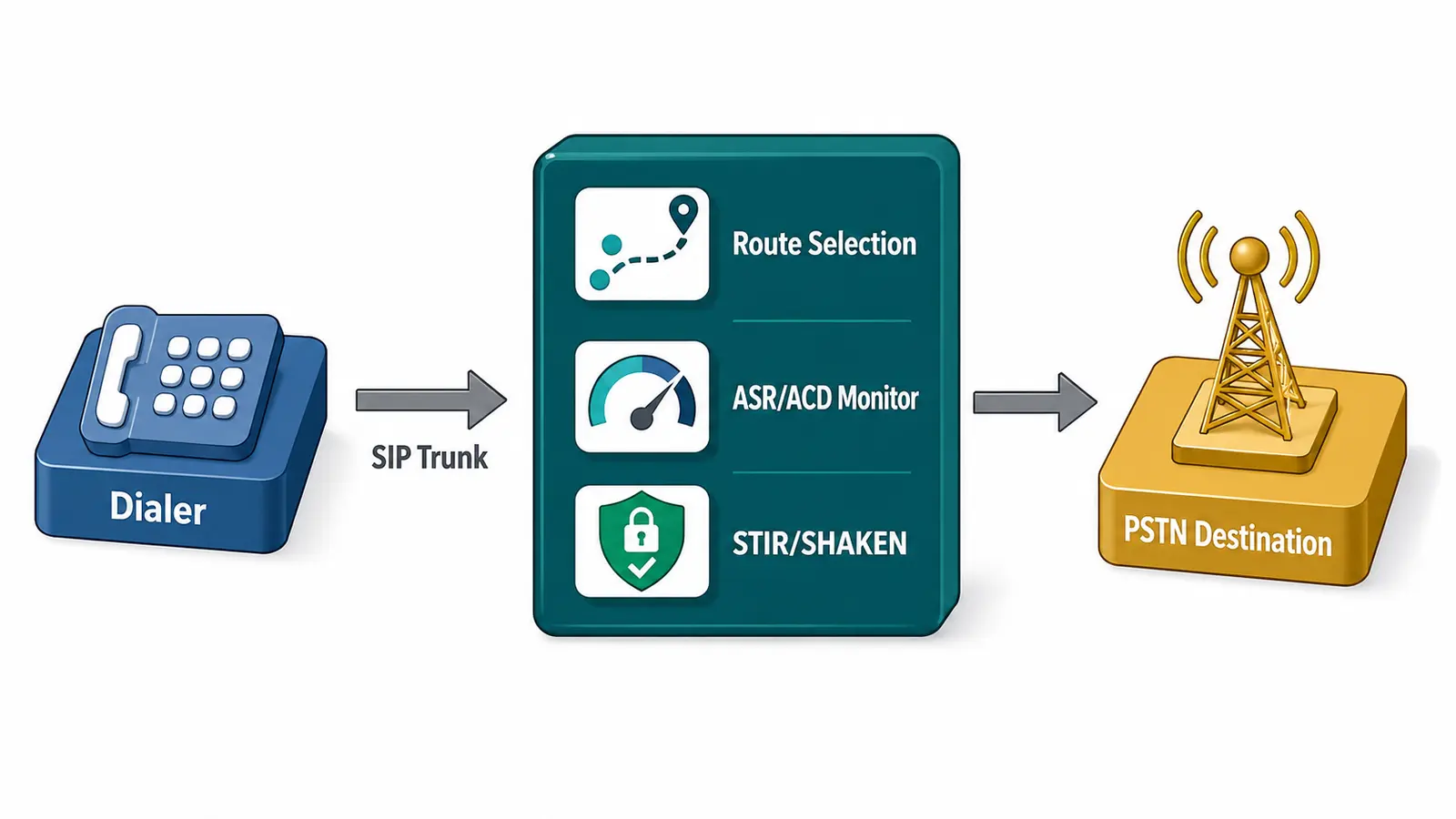 End-to-end call path from a dialer over SIP through a CC routes provider performing least-cost routing and quality monitoring, then to a PSTN destination carrier