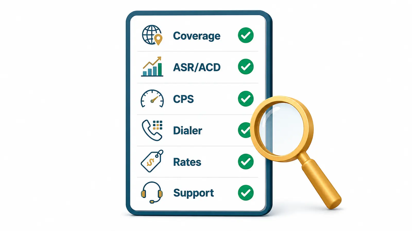 Evaluation checklist for a CC routes provider covering coverage, ASR and ACD monitoring, CPS capacity, dialer compatibility, rate transparency, and support