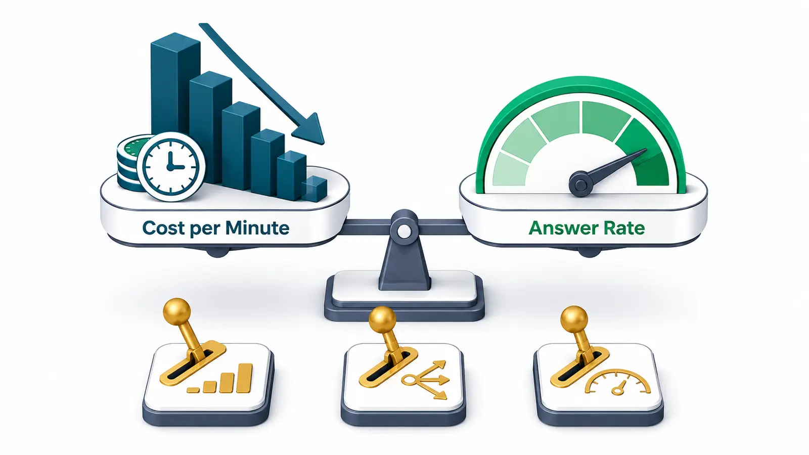 Levers for lowering call center termination cost per minute — per-destination rate review, billing increments, and route quality — balanced against answer rate