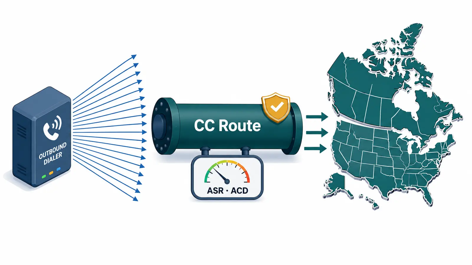 Diagram of a predictive dialer sending high calls-per-second traffic through a CC route to USA and Canada destination carriers, with ASR and ACD monitoring